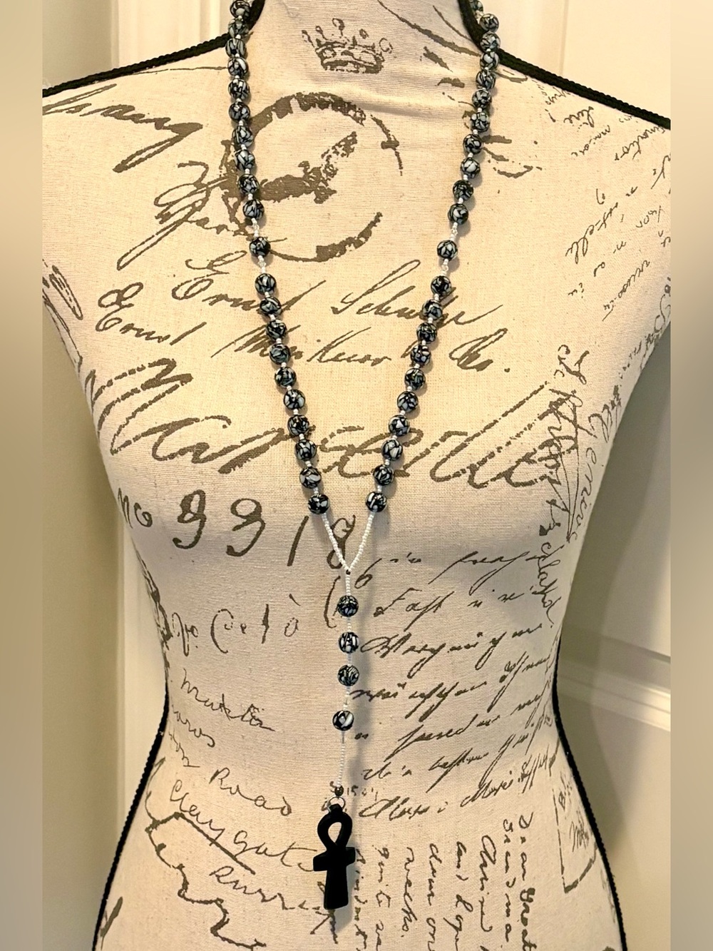 Vintage Artisan Egyptian Ankh Wood Pendant Long Beaded Lariat Necklace Boho 37” - Picture 5 of 12